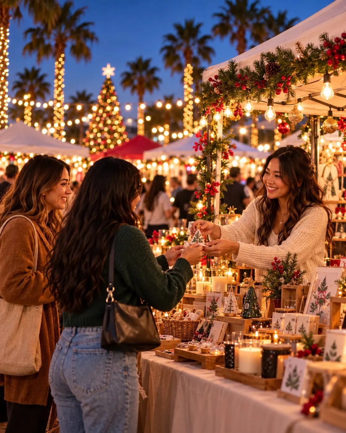 Shoppers buying handmade holiday ornaments at a festive vendor booth under string lights and palm trees (placeholder image)