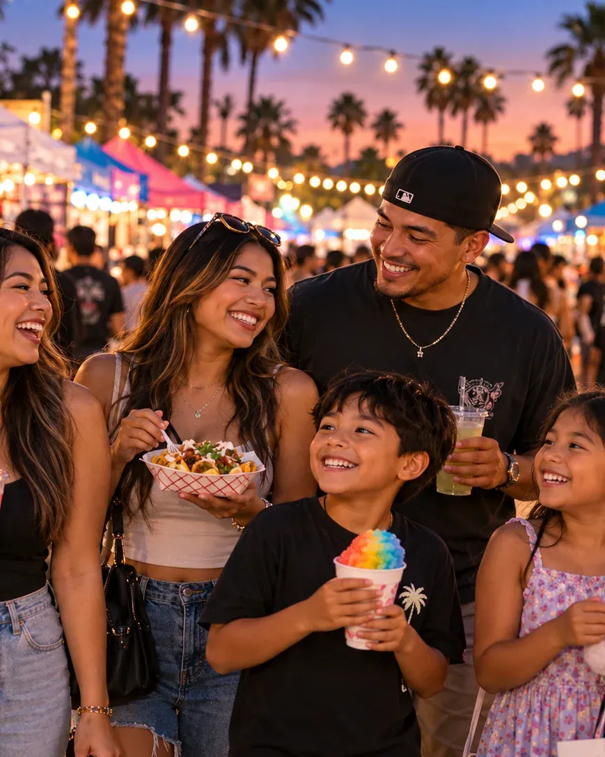 Smiling friends with drinks and snacks at the night market