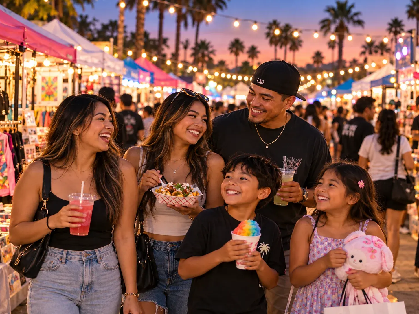 Smiling family and friends enjoying food at a night market