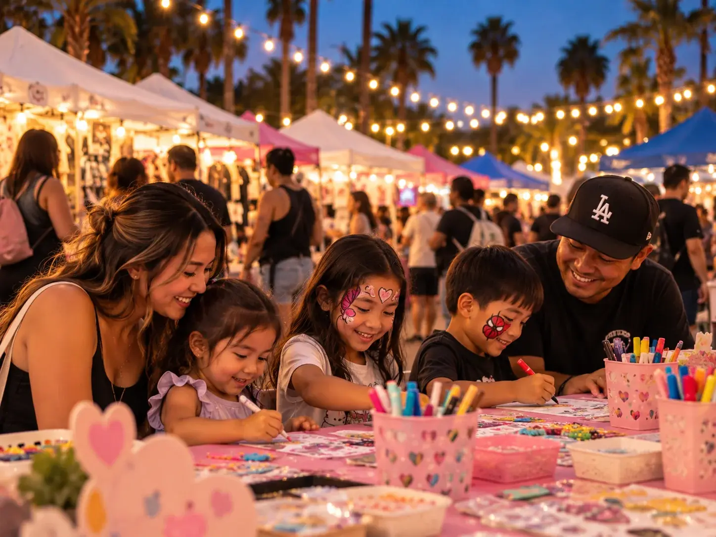 Family making crafts together at a market table