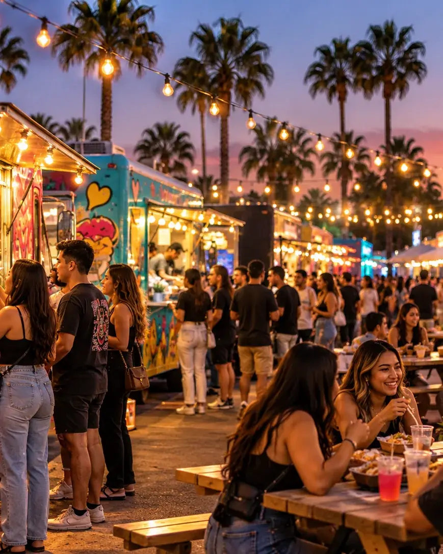 People dining at picnic tables beside a food truck