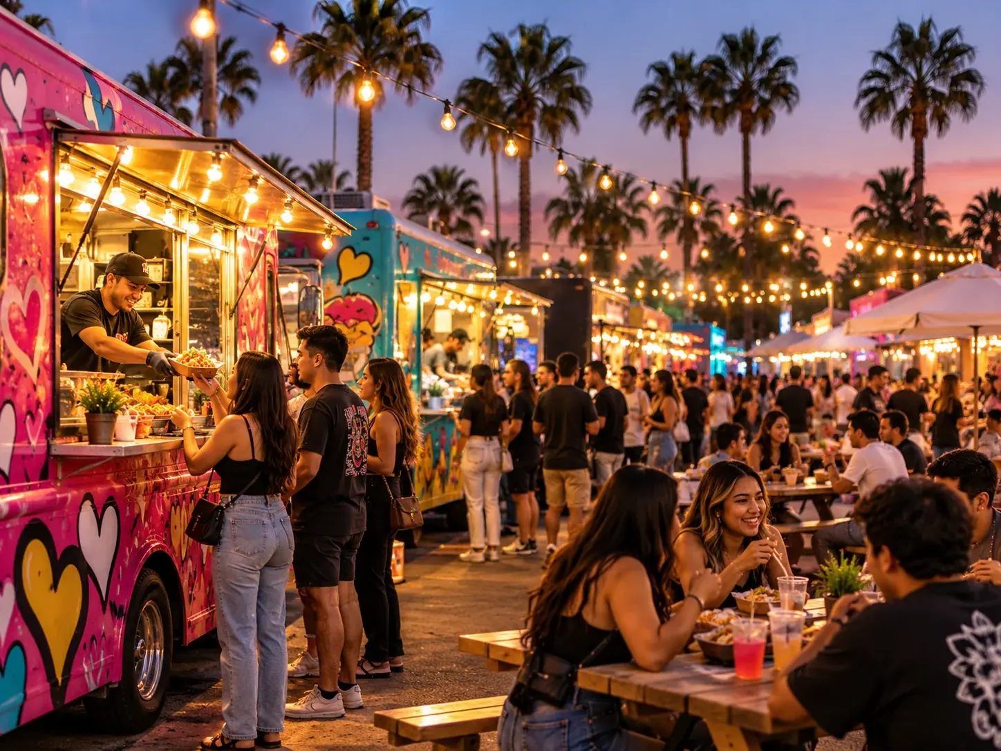 Guests ordering street food beside colorful food trucks