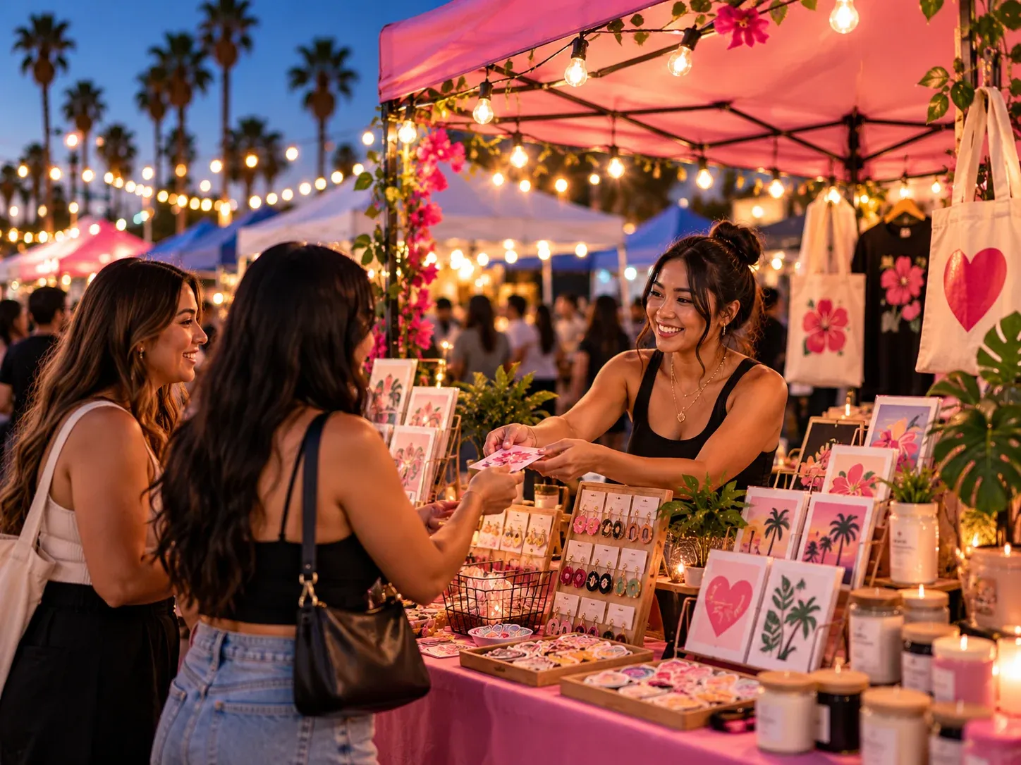 Vendor greeting customers at a booth with handmade goods