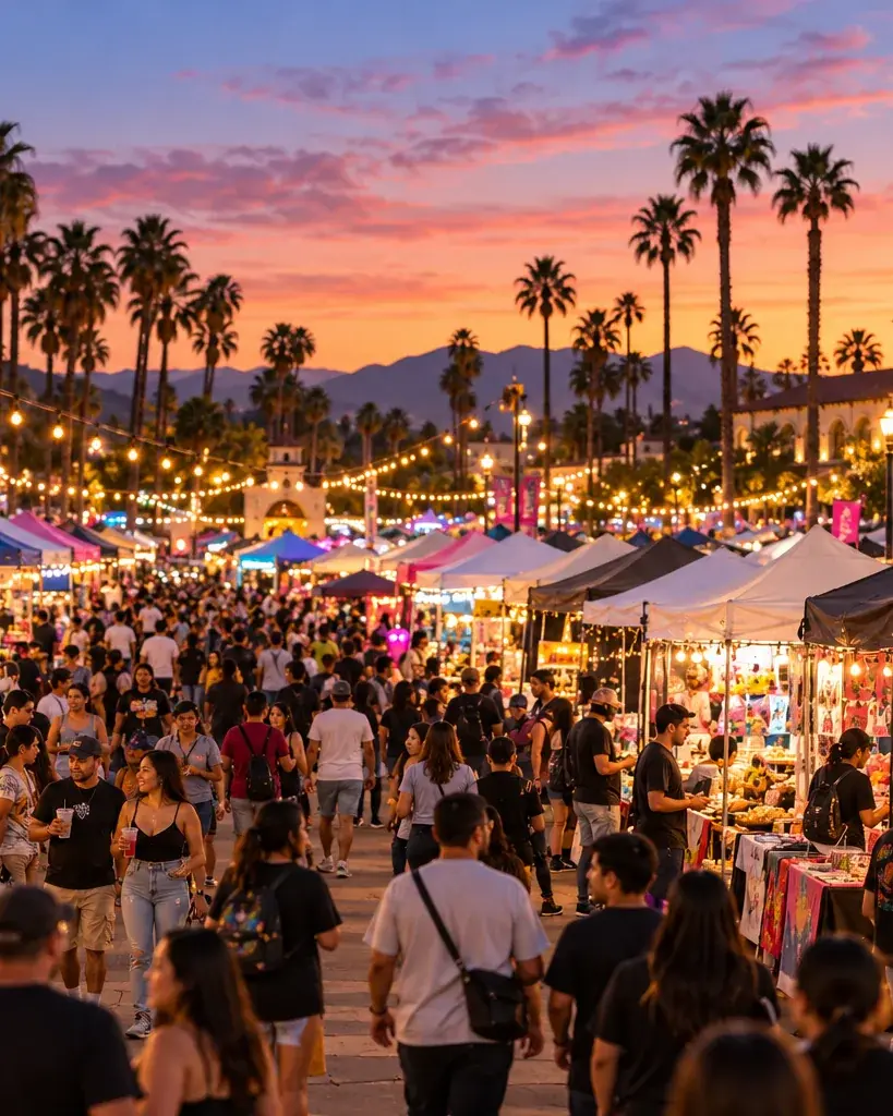 Rows of vendor tents glowing under a twilight sky